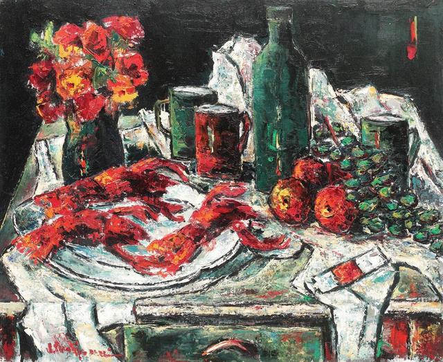 VASILE PARIZESCU - Still life with fruits, flowers and lobsters