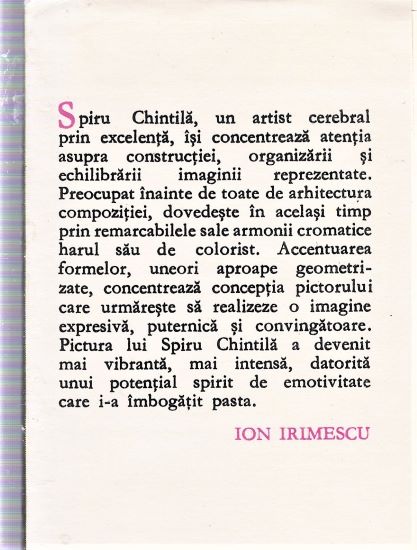 Spiru CHINTILA - Nota de Ion Irimescu pe supracoperta albumului SPIRU CHINTILA din 1989 